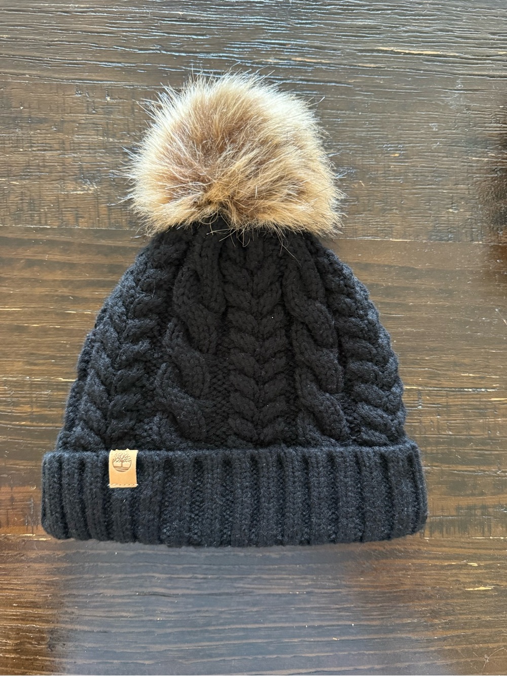 Timberland Black Cable Knit Pom Beanie with Faux Fur Pom